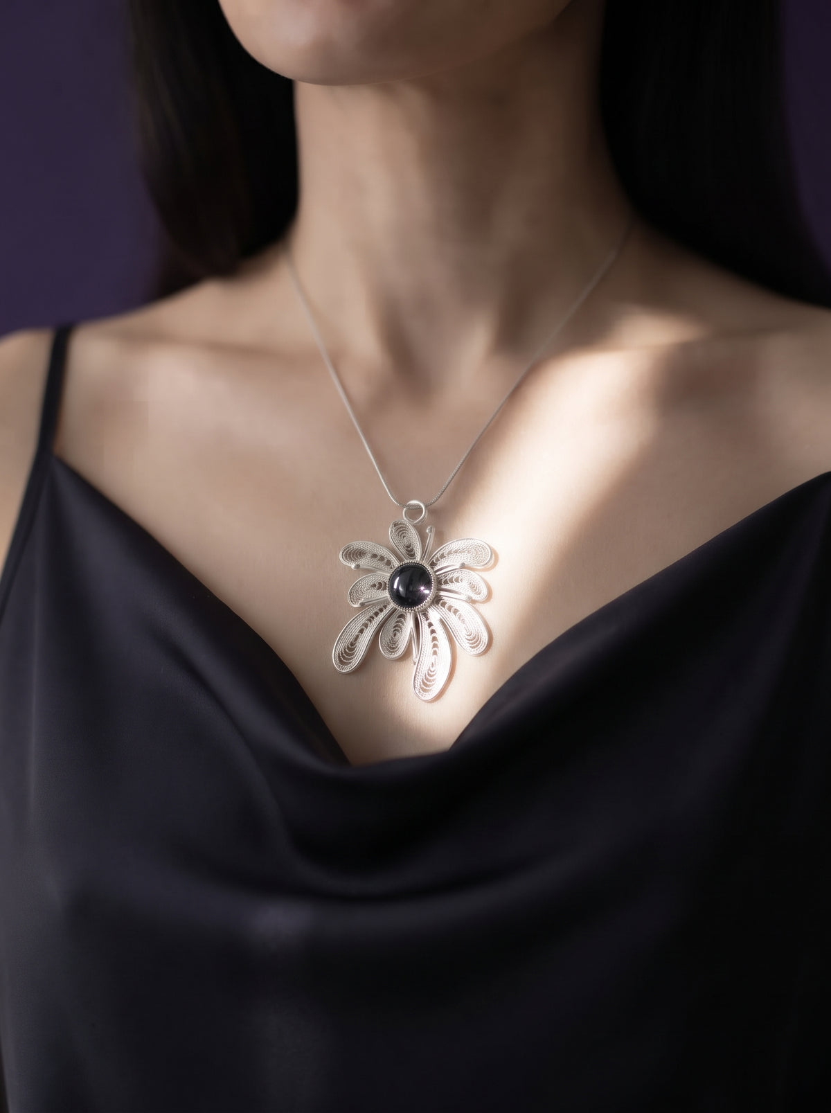 Night Guardian (Crystal Fireworks) Filigree Inlay Necklace worn by a model