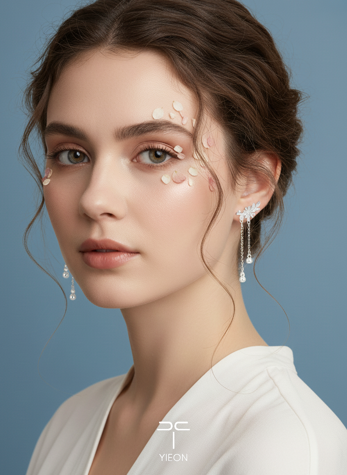 Daisy filigree earrings shown on both ears.