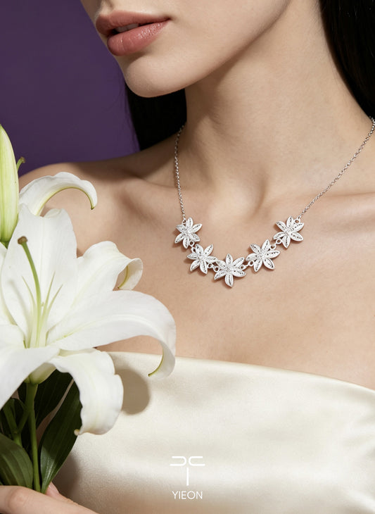 Lily five-flower filigree necklace worn on a model