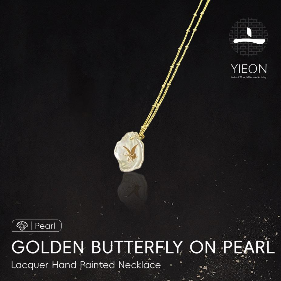 Golden Butterfly on Pearl (Pearl) Lacquer Hand Painted Necklace