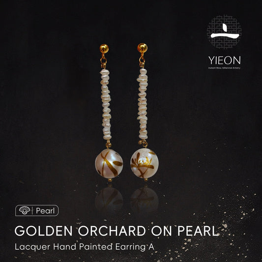 Golden Orchard on Pearl (Pearl) Lacquer Hand Painted Earring A