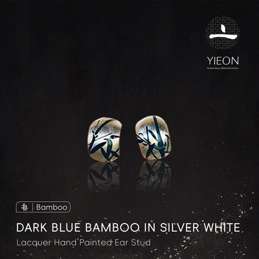 Dark Blue Bamboo in Silver White Lacquer Hand Painted Ear Stud