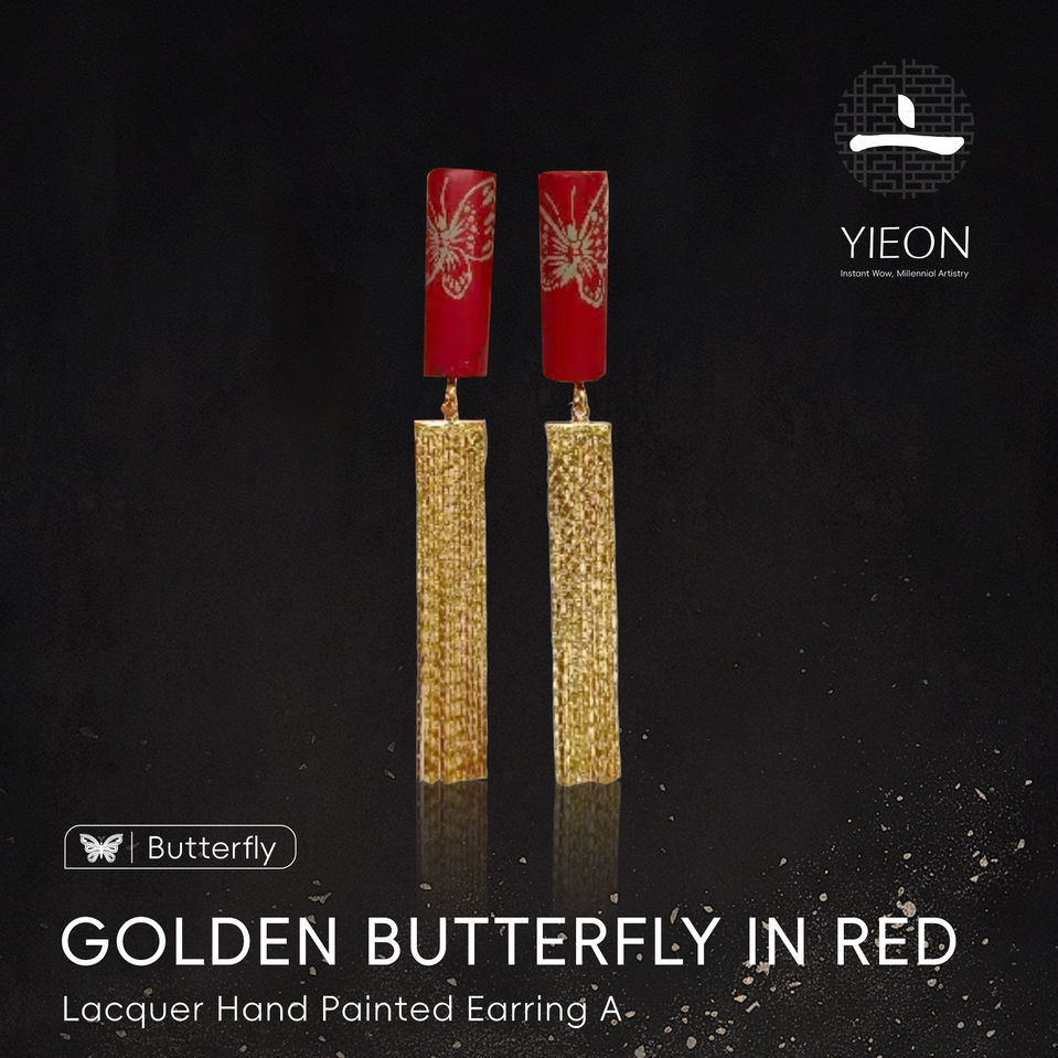 Golden Butterfly in Red Lacquer Hand Painted Earring A