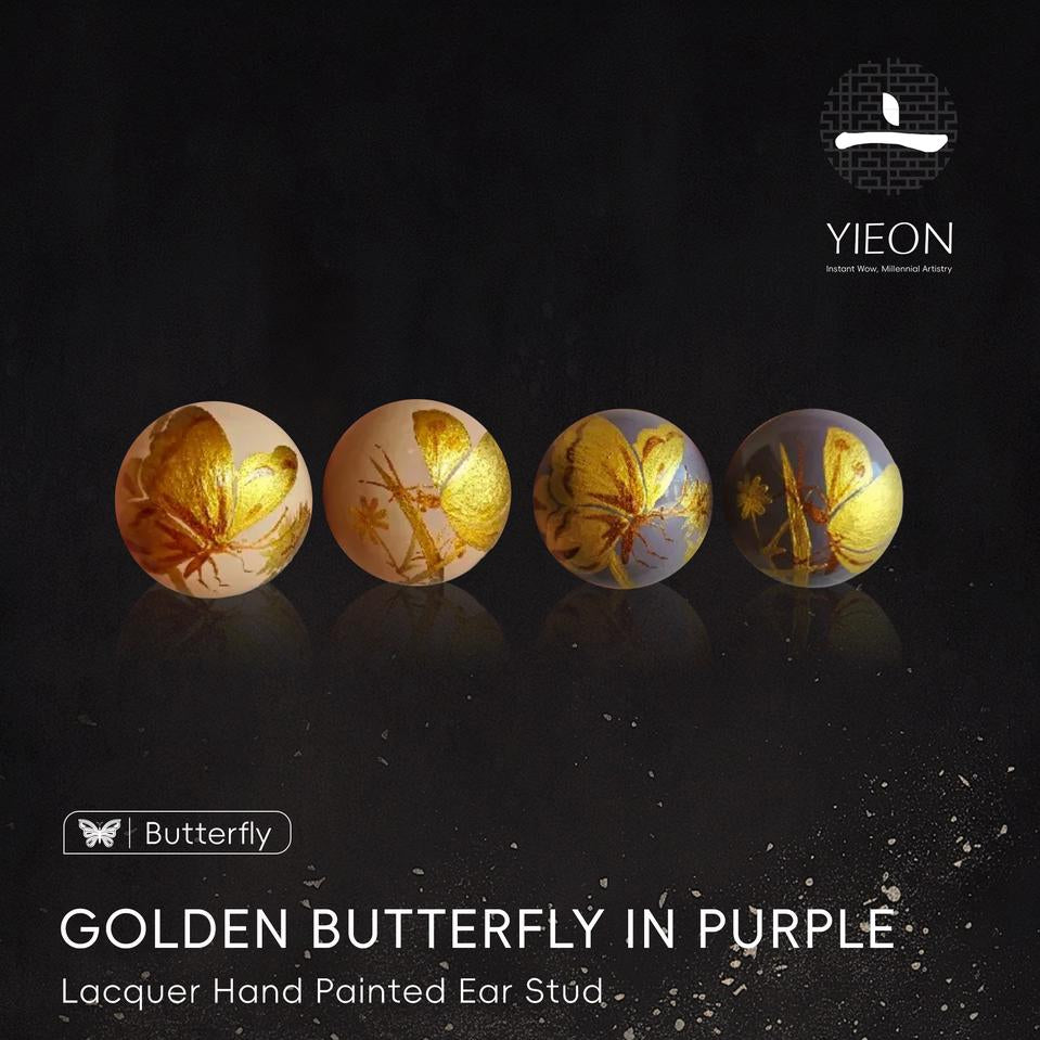 Golden Butterfly in Purple Lacquer Hand Painted Ear Stud