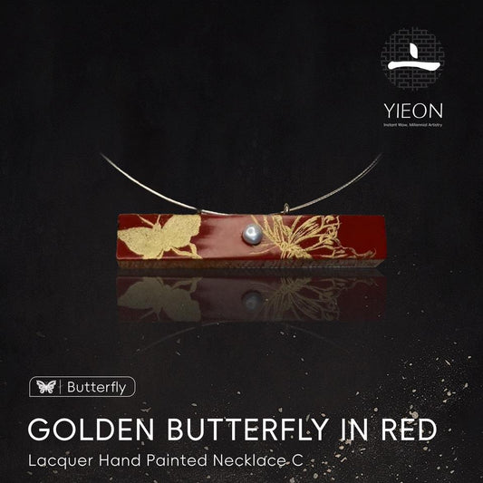 UAE Princess Hend's Choice: Golden Butterfly in Red Lacquer Hand Painted Necklace C