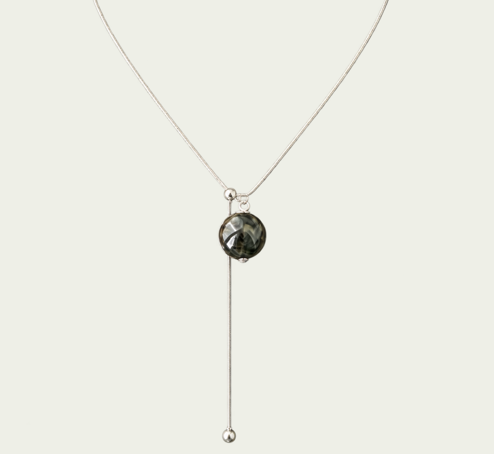 Moor hand-painted green lacquer bead long necklace with a 925 sterling silver chain