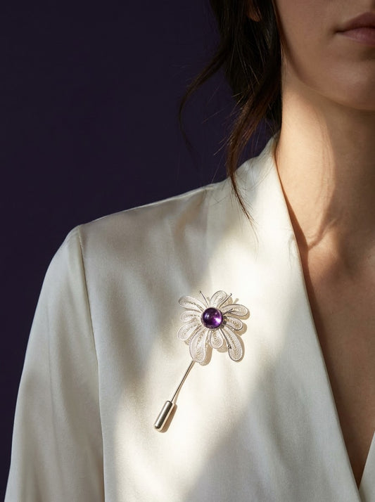 Wisdom Weaver (Crystal Fireworks) Filigree Inlay Brooch worn by a model