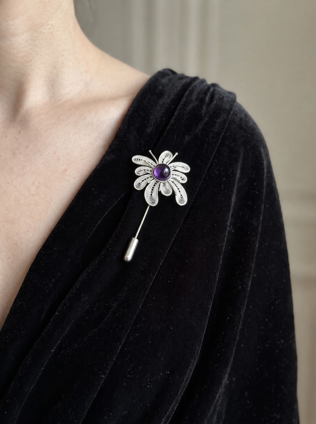 Wisdom Weaver (Crystal Fireworks) Filigree Inlay Brooch worn by a model
