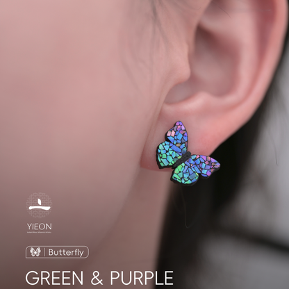 Green & Purple Butterfly (Butterfly) Mother-of-Pearl Lacquer Ear Stud