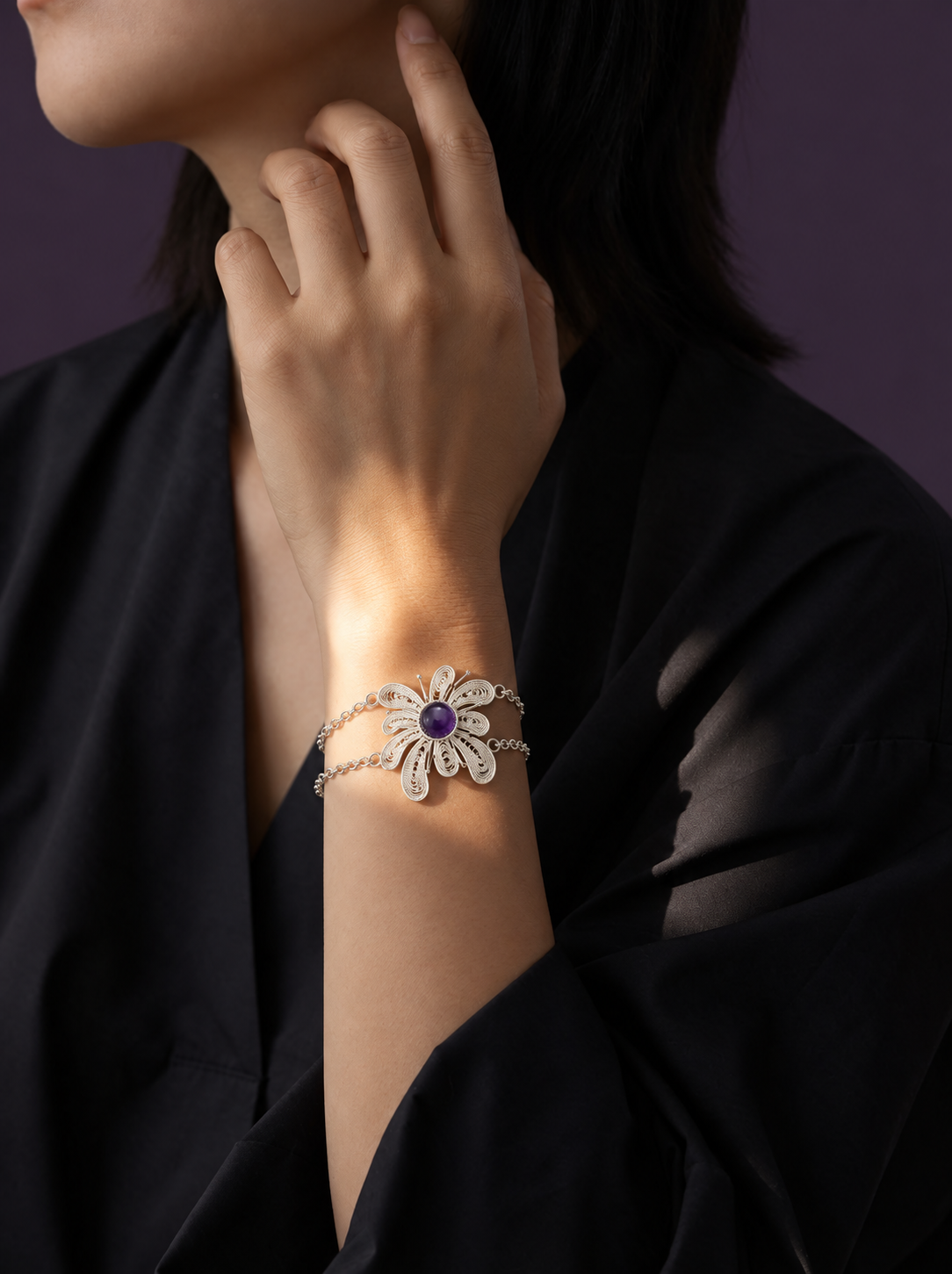 Wisdom Seeker (Crystal Fireworks) Filigree Inlay Bracelet worn by a model