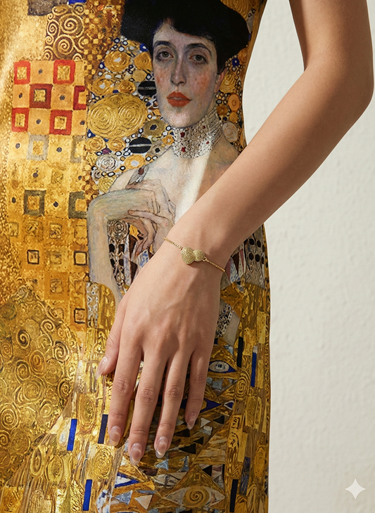 Klimt’s Golden Reverie: a gold silk gourd motif on a gold-toned bracelet chain; worn view.