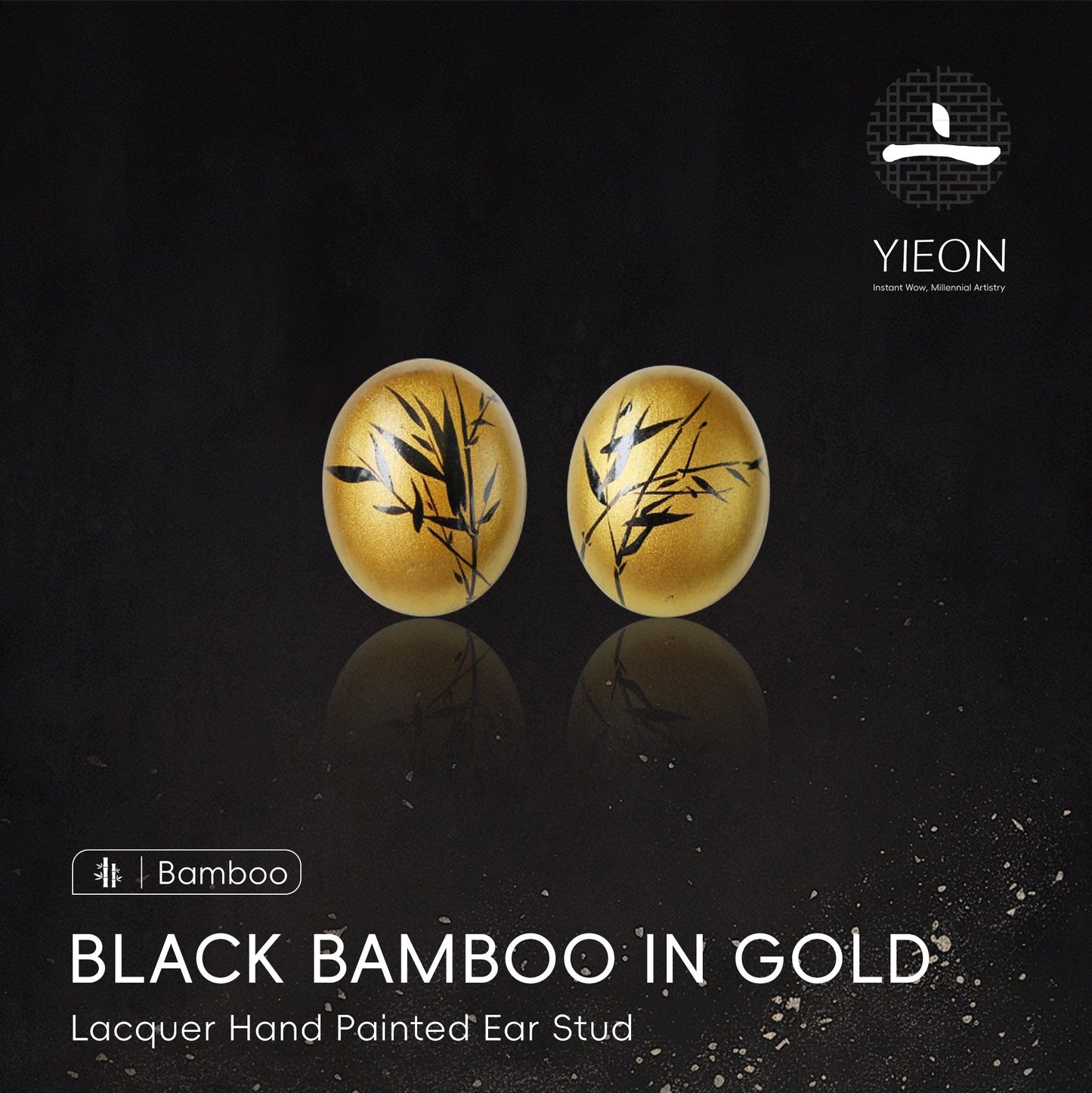 Black Bamboo in Gold Lacquer Hand Painted Ear Stud A
