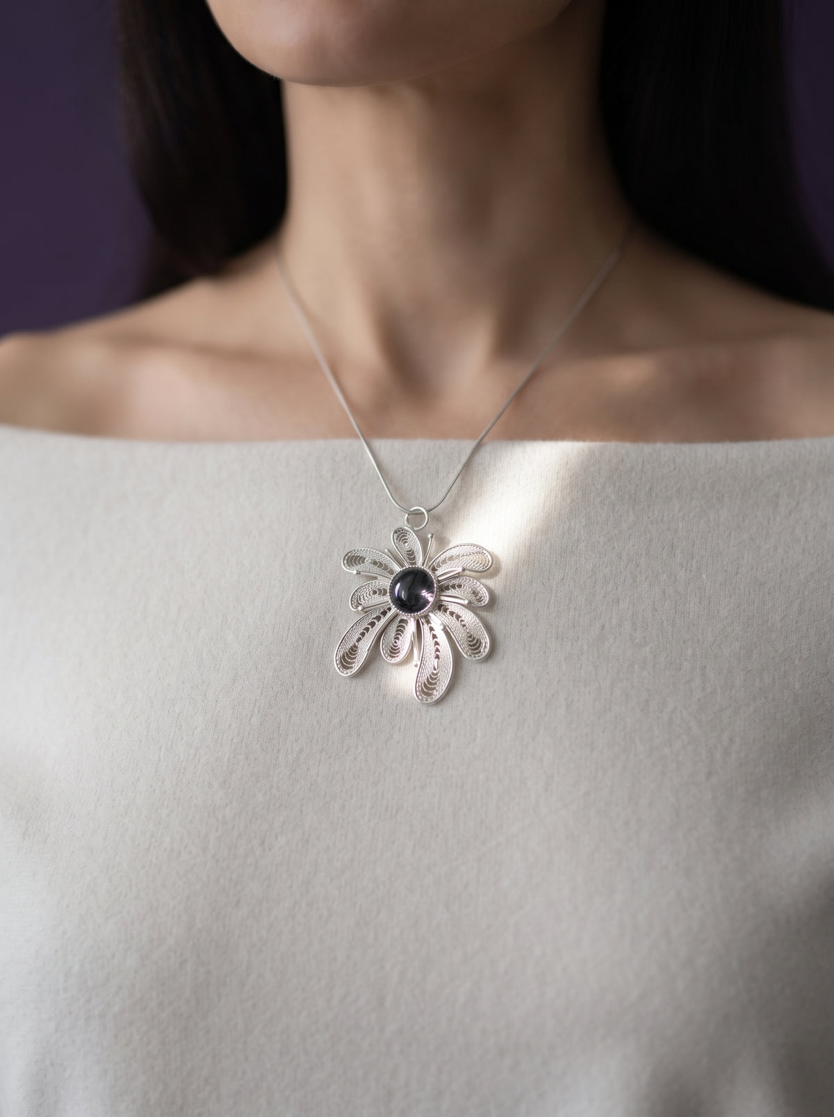 Night Guardian (Crystal Fireworks) Filigree Inlay Necklace worn by a model