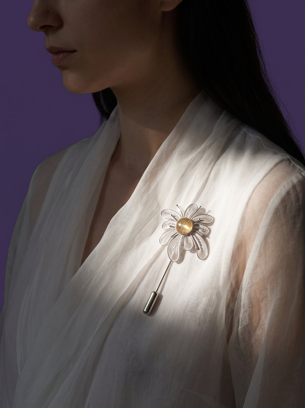 Light Bearer (Crystal Fireworks) Filigree Inlay Brooch worn by a model