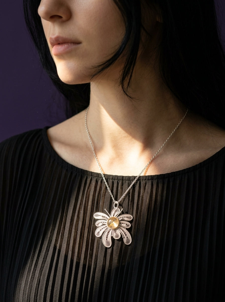 Light Bearer (Crystal Fireworks) Filigree Inlay Necklace worn by a model