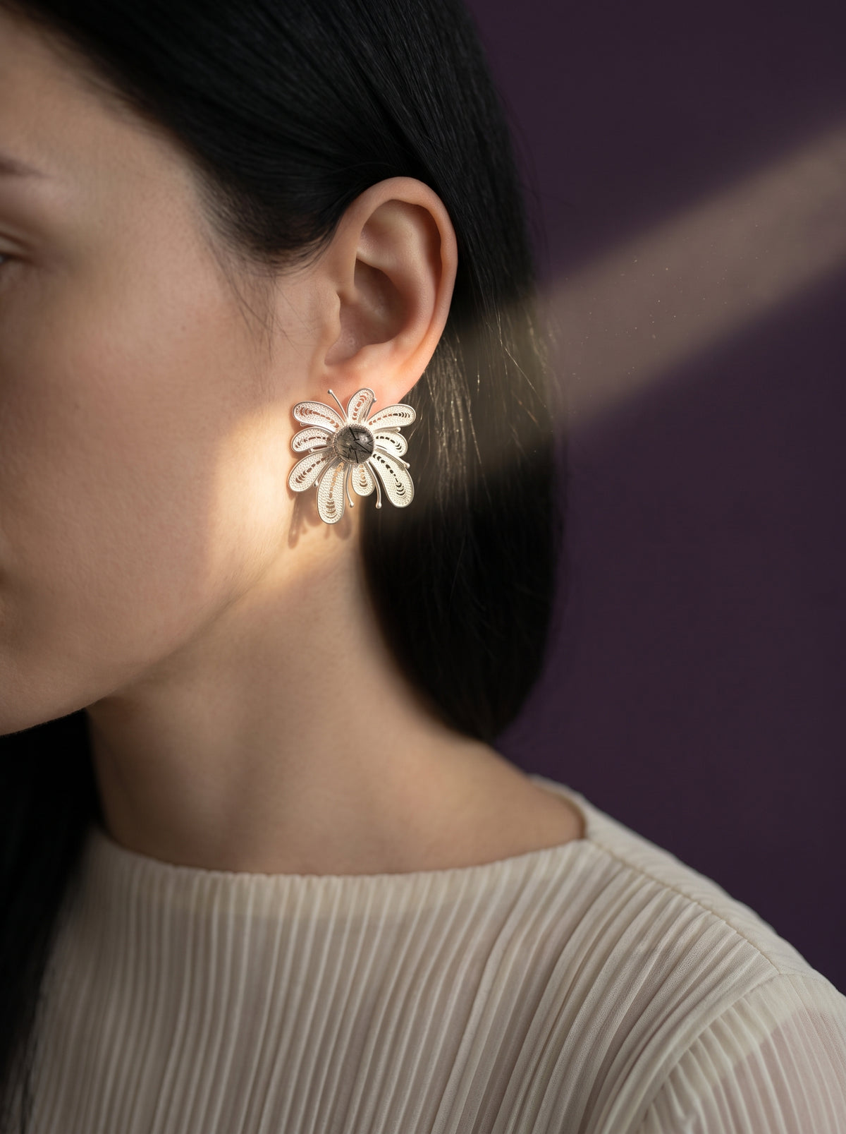 Night Guardian (Crystal Fireworks) Filigree Inlay Earring worn by a model