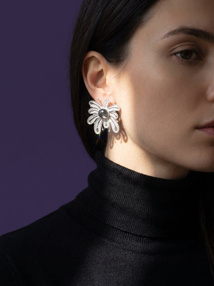 Night Guardian (Crystal Fireworks) Filigree Inlay Earring worn by a model