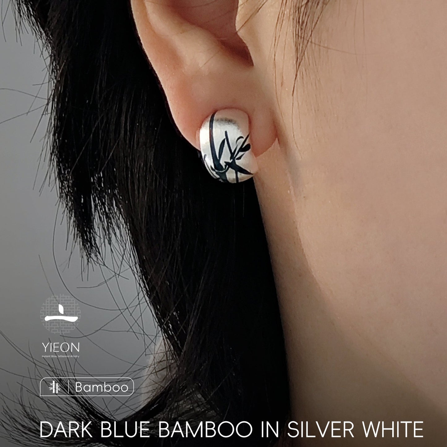 Dark Blue Bamboo in Silver White Lacquer Hand Painted Ear Stud