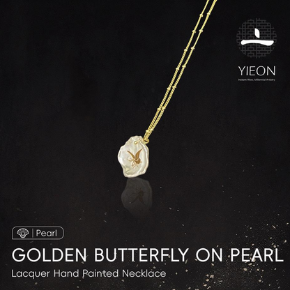 Golden Butterfly on Pearl (Pearl) Lacquer Hand Painted Necklace