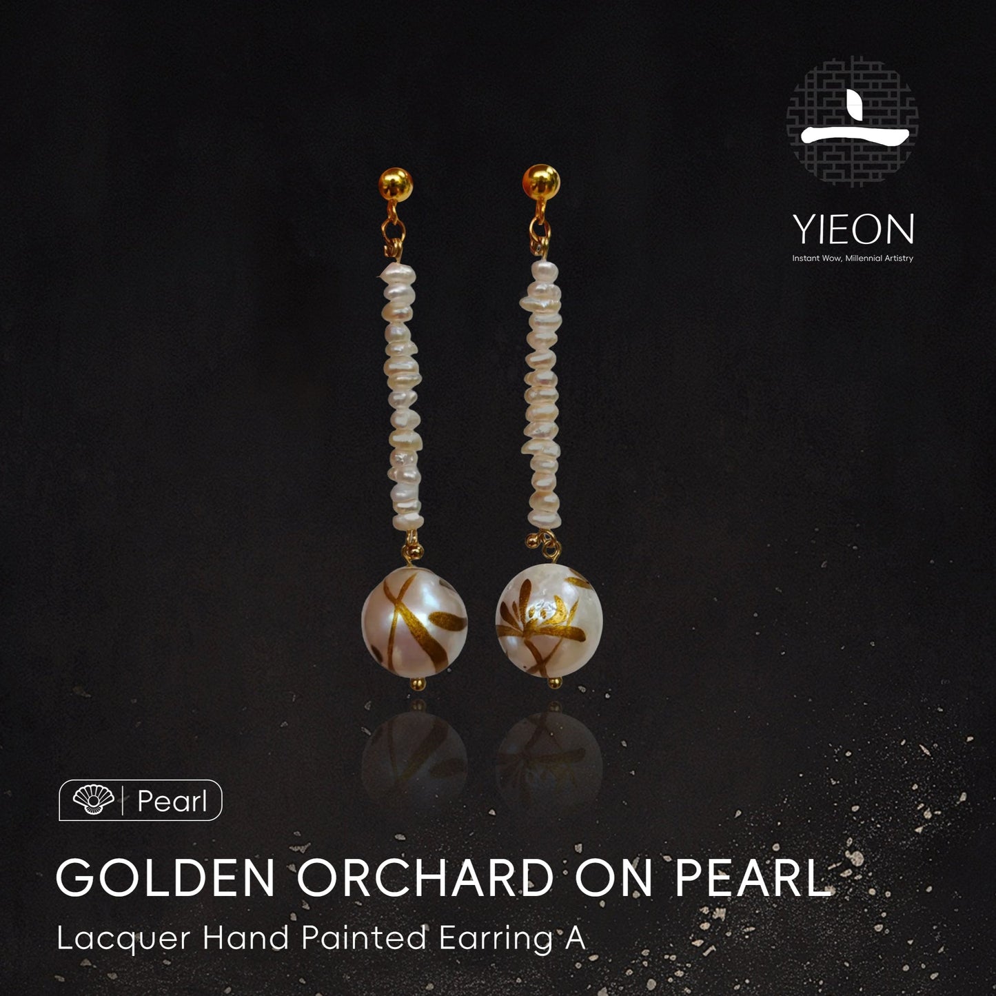 Golden Orchard on Pearl (Pearl) Lacquer Hand Painted Earring A