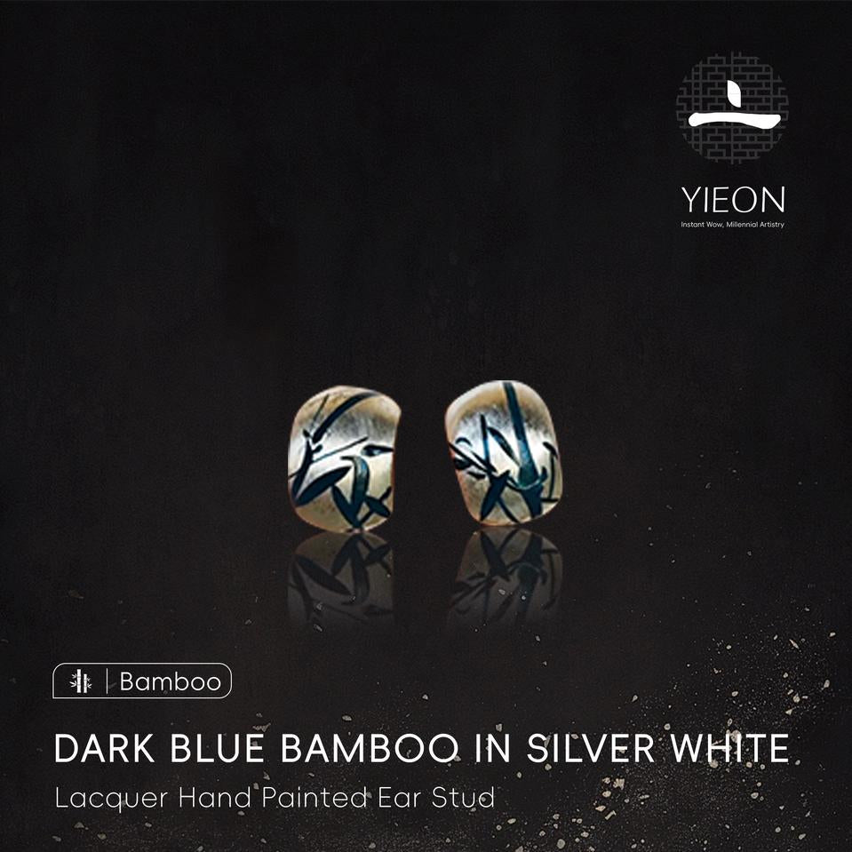 Dark Blue Bamboo in Silver White Lacquer Hand Painted Ear Stud