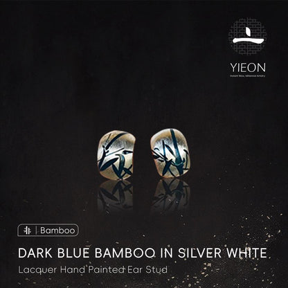 Dark Blue Bamboo in Silver White Lacquer Hand Painted Ear Stud