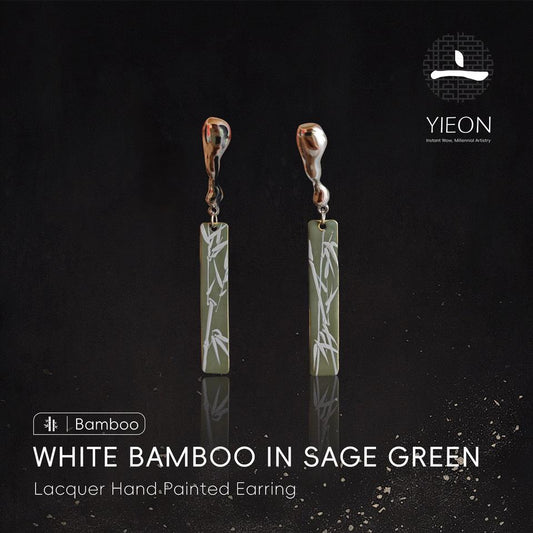 White Bamboo in Sage Green Lacquer Hand Painted Earring