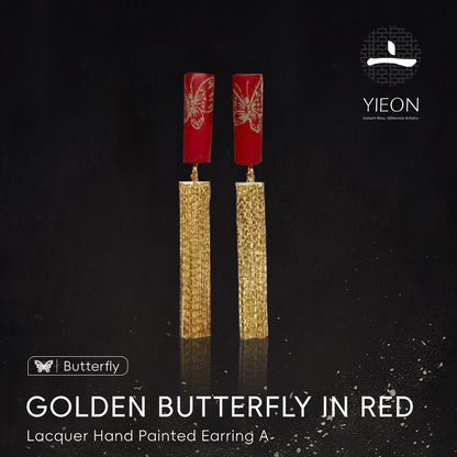 Golden Butterfly in Red Lacquer Hand Painted Earring A