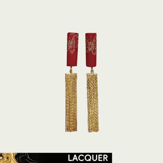 Golden Butterfly in Red Lacquer Hand Painted Earring A