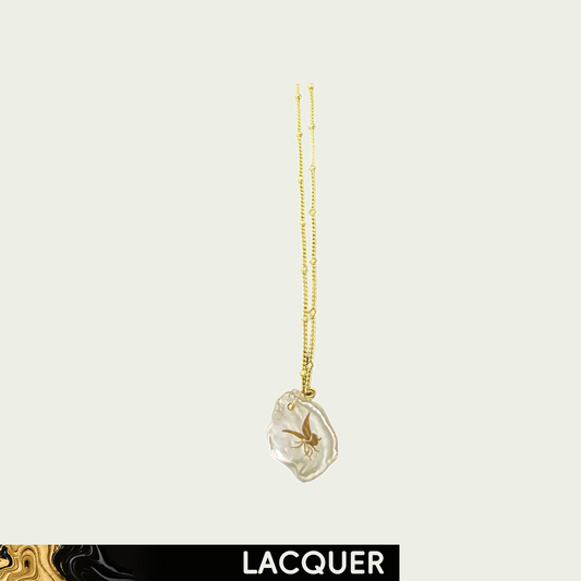 Golden Butterfly on Pearl (Pearl) Lacquer Hand Painted Necklace