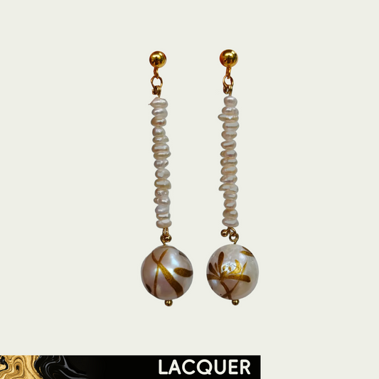 Golden Orchard on Pearl (Pearl) Lacquer Hand Painted Earring A
