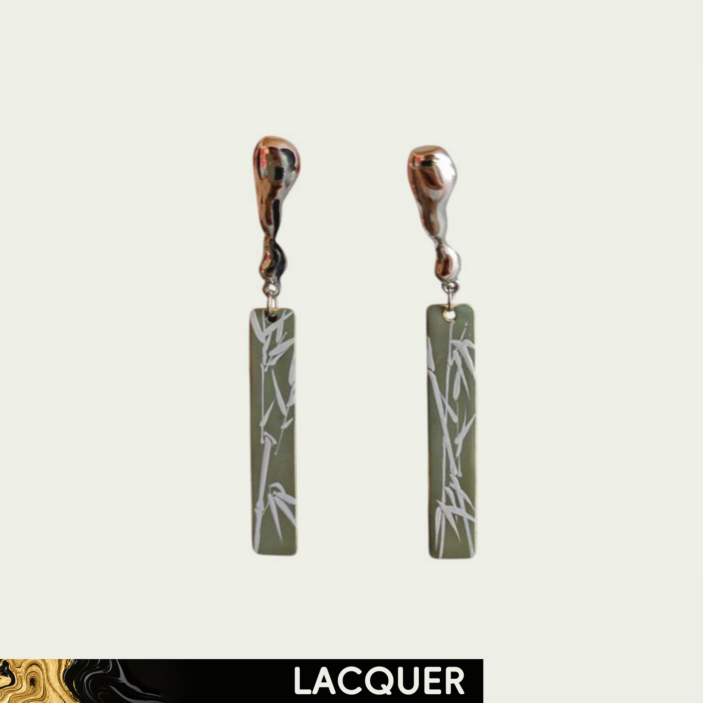 White Bamboo in Sage Green Lacquer Hand Painted Earring