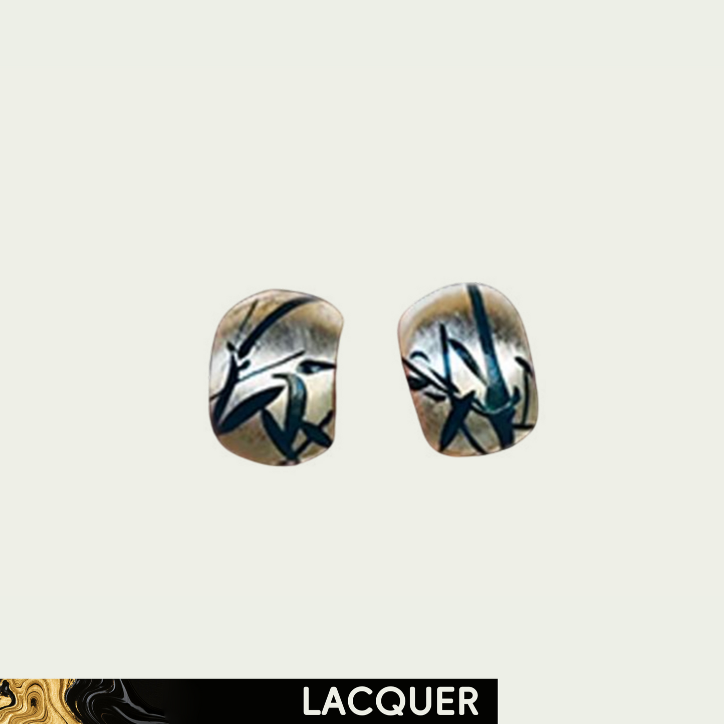Dark Blue Bamboo in Silver White Lacquer Hand Painted Ear Stud