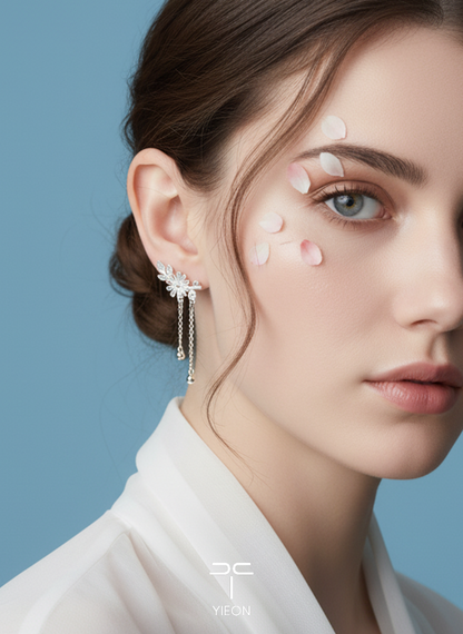 Daisy filigree earrings shown in a close-up wearing view.
