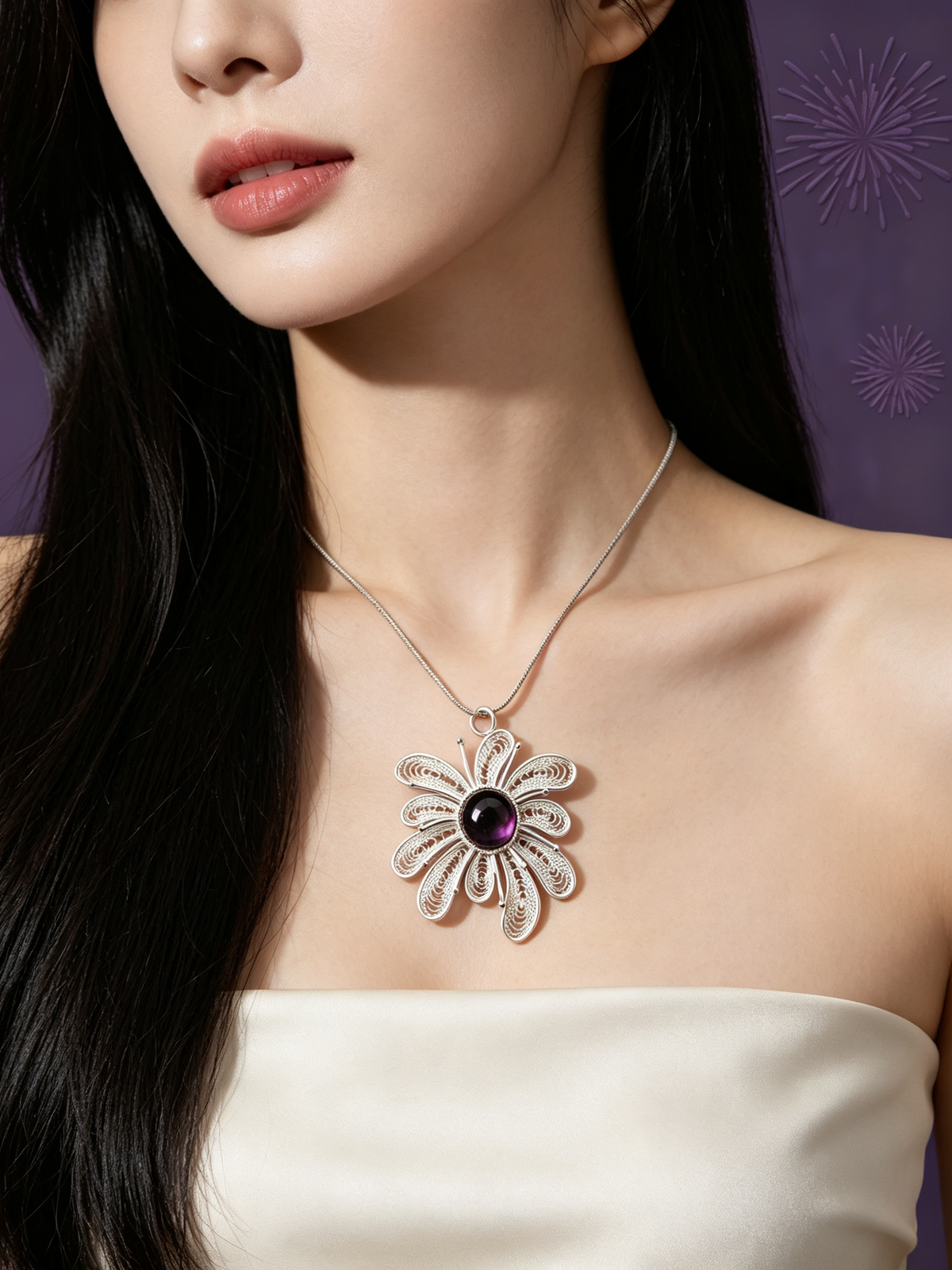 Wisdom Seeker (Crystal Fireworks) Filigree Inlay Necklace worn by a model