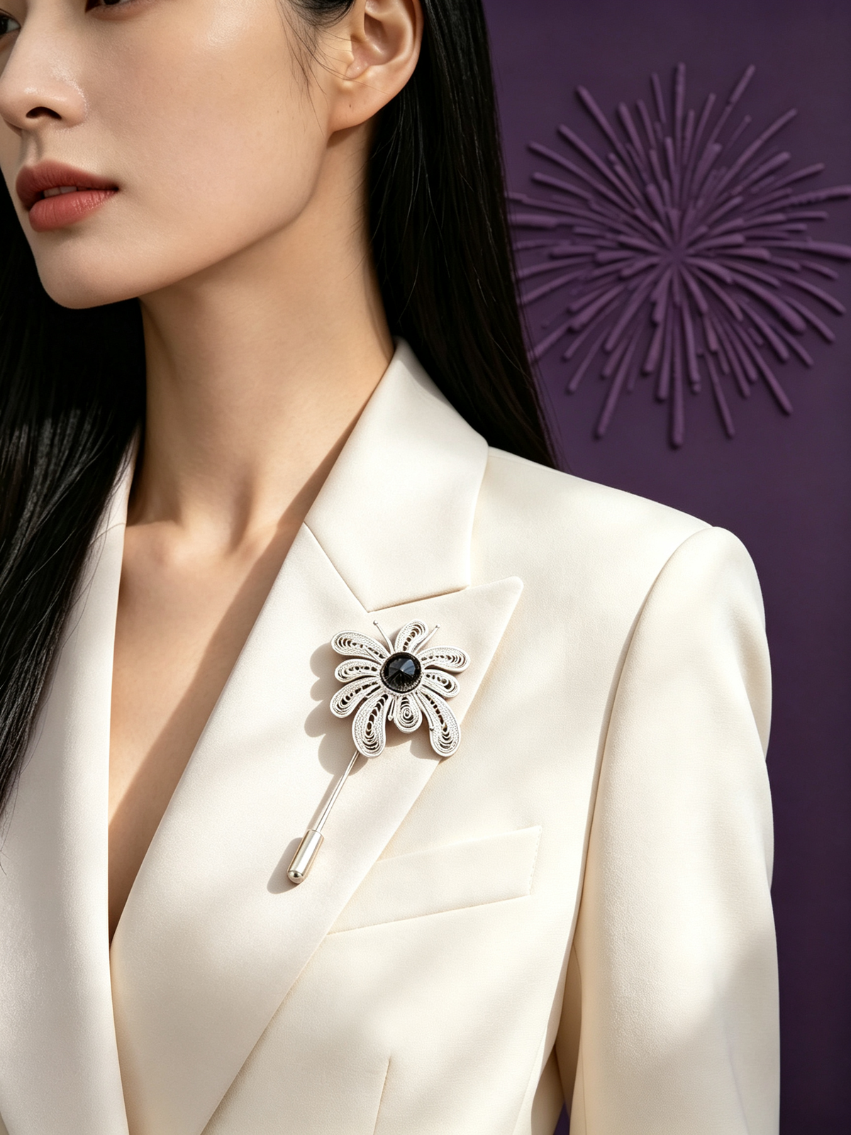 Night Guardian (Crystal Fireworks) Filigree Inlay Brooch worn by a model