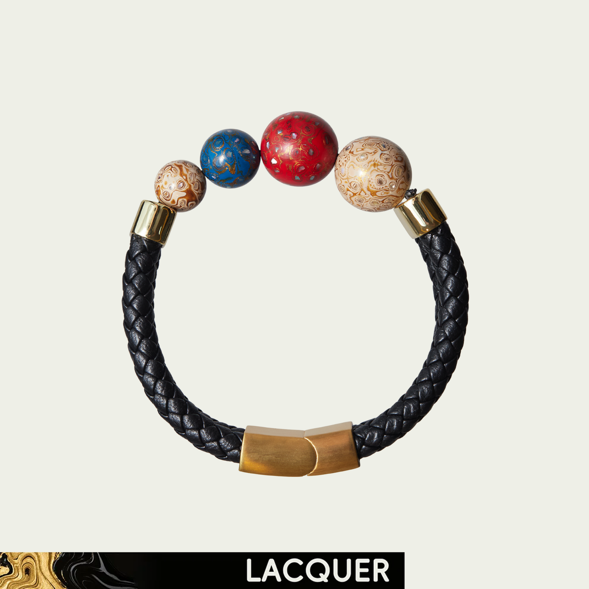Daylight hand-painted lacquer bracelet with red, blue and ivory beads