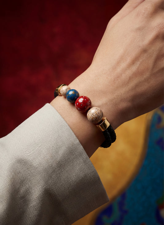 Daylight hand-painted lacquer bracelet worn on the wrist