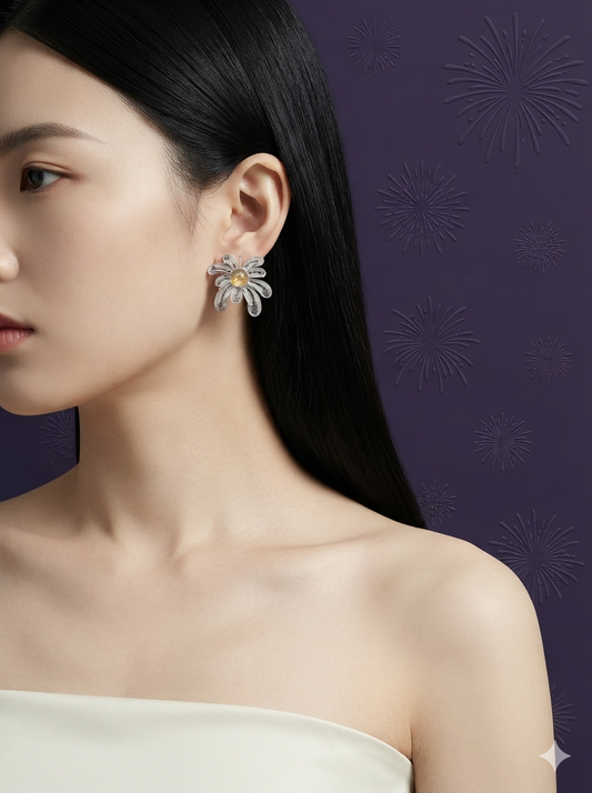 Light Bearer (Crystal Fireworks) Filigree Inlay Earring worn by a model