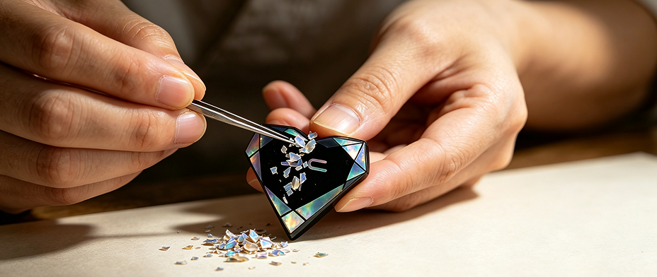 Hands arranging mother-of-pearl fragments on an Iris heart-shaped piece