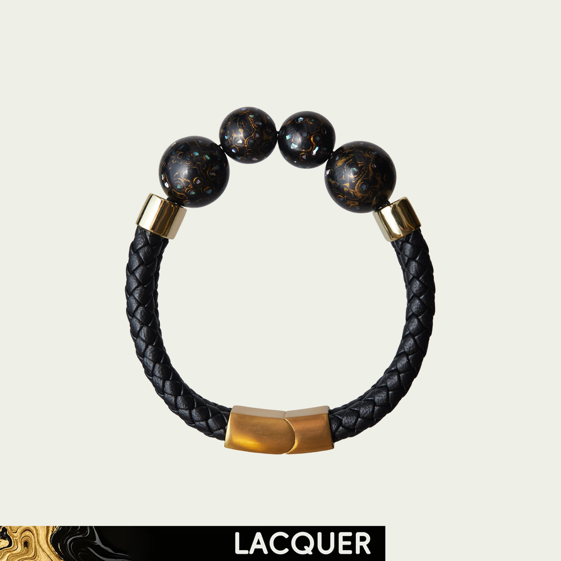 Midnight hand-painted lacquer bracelet with black and gold beads