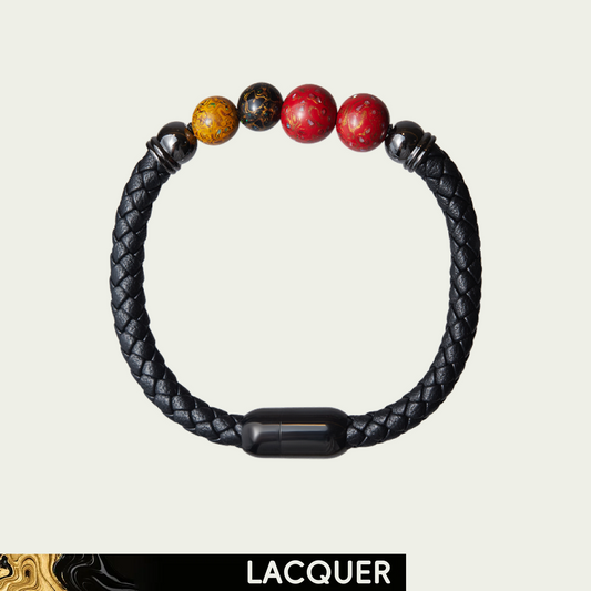 Reverie hand-painted lacquer bracelet with red, gold and black beads