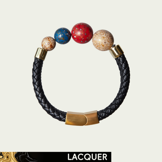 Daylight hand-painted lacquer bracelet with red, blue and ivory beads