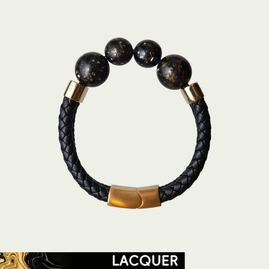 Midnight hand-painted lacquer bracelet with black and gold beads