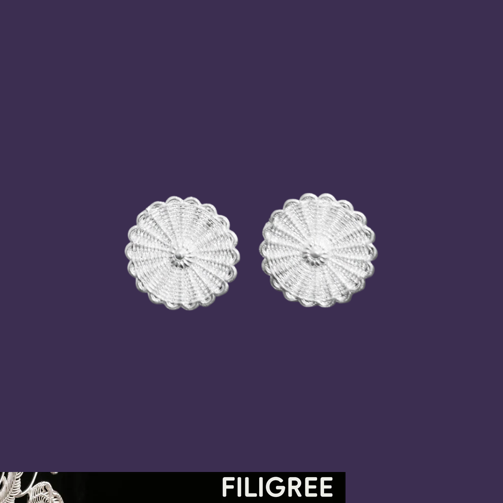 Pair of round Halo filigree stud earrings in 999 fine silver
