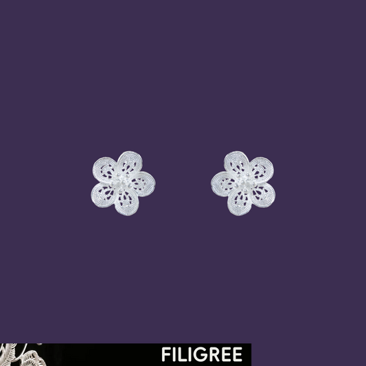 Plum blossom filigree ear studs in 999 fine silver