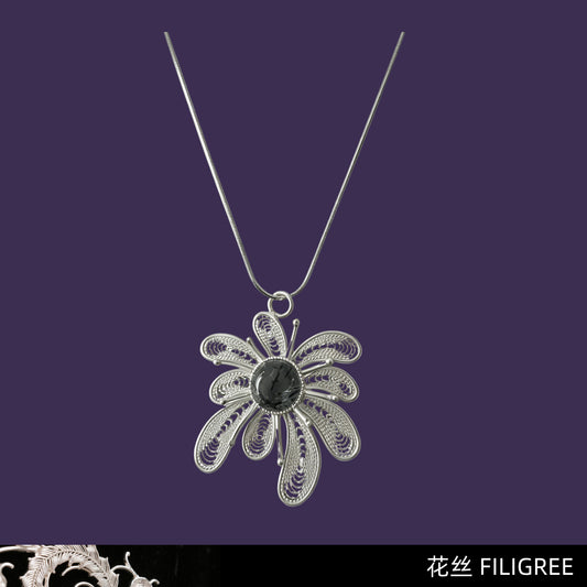 Night Guardian (Crystal Fireworks) Filigree Inlay Necklace