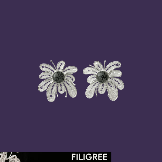 Pair of silver filigree firework earrings with black rutilated quartz centers