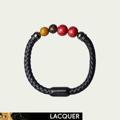 Reverie hand-painted lacquer bracelet with red, gold and black beads