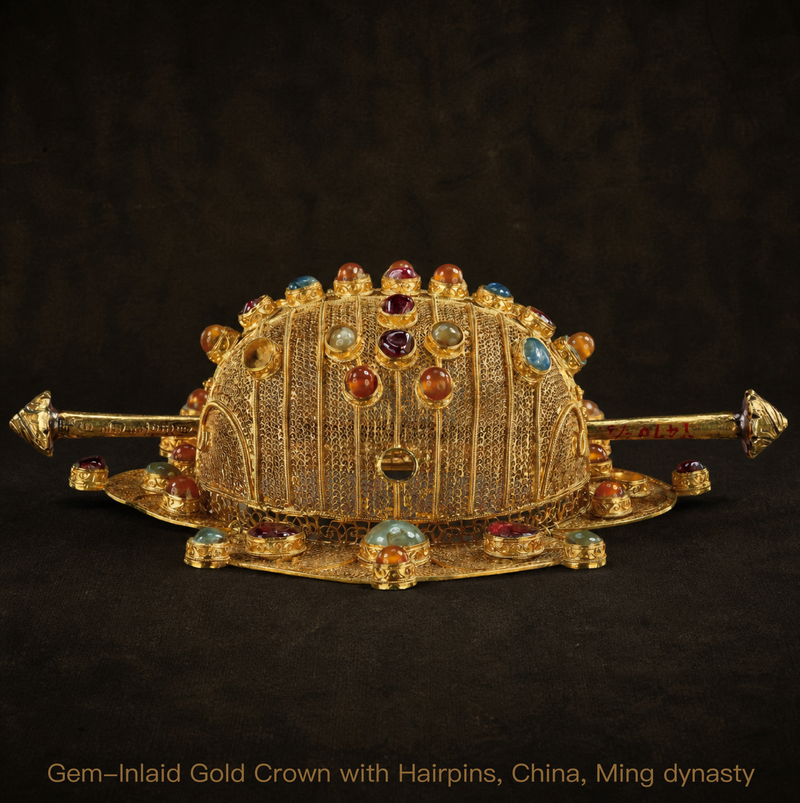 Gem-inlaid gold filigree crown with hairpins from China's Ming dynasty.